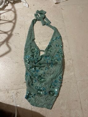 Sequin Embellished Halter Top in Sage Green